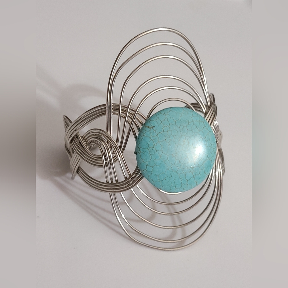 Woven wire turquoise bracelet cuff BIG euc
